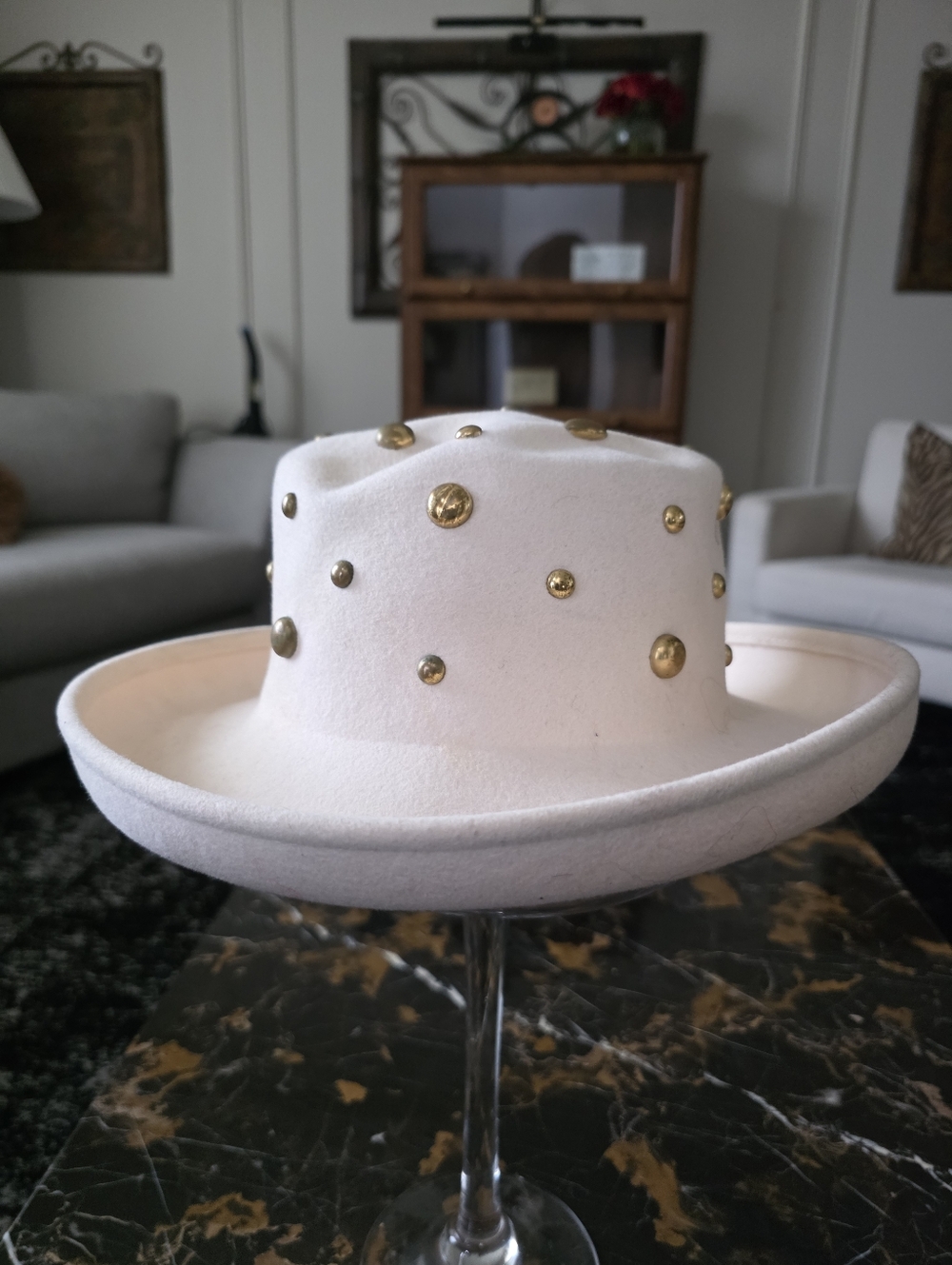 Vtg Cream Gold Studded Wide Brim Bendable Hat Wool Felt Water Repellant Packable
